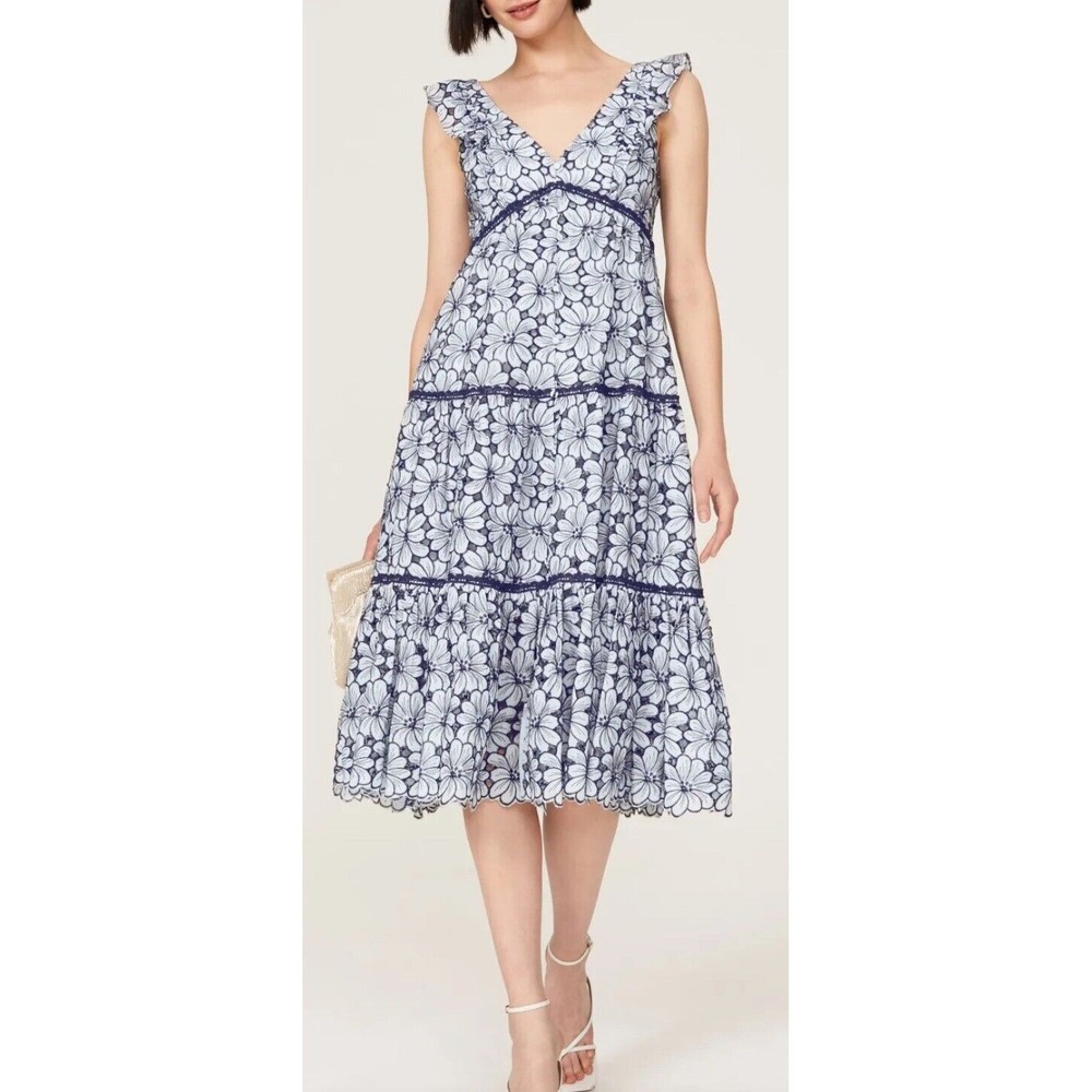 Marchesa Notte Blue Eyelet Midi Dress size 16